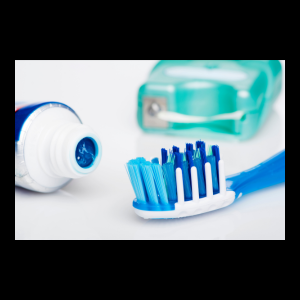 canva image of blue toothbrush, toothpaste, and container of floss